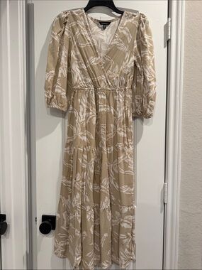 Beige-and-White Floral Wrap Midi Dress